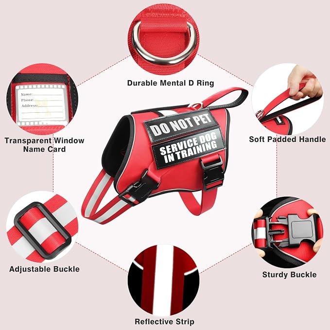 Service Dog Harness and Leash Set, Training Dog Vest with 10 Dog Patches, Emotional Support Therapy Dog Vest Harness for Small Medium Large and Extra Large Dogs(Red, S)