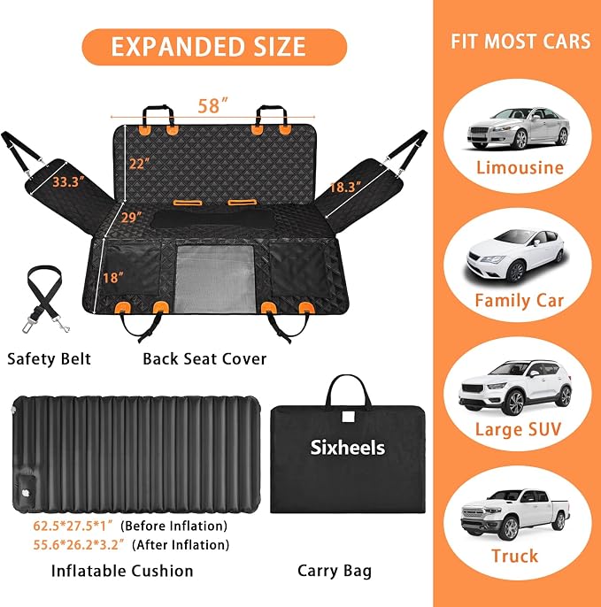 Truck Dog Seat Cover Back Seat Protector, Large Space Backseat Extender with Soft Inflatable Cushion Comfortable Dog Hammock, Waterproof Dogs Bed Rear Travel Accessories for Truck