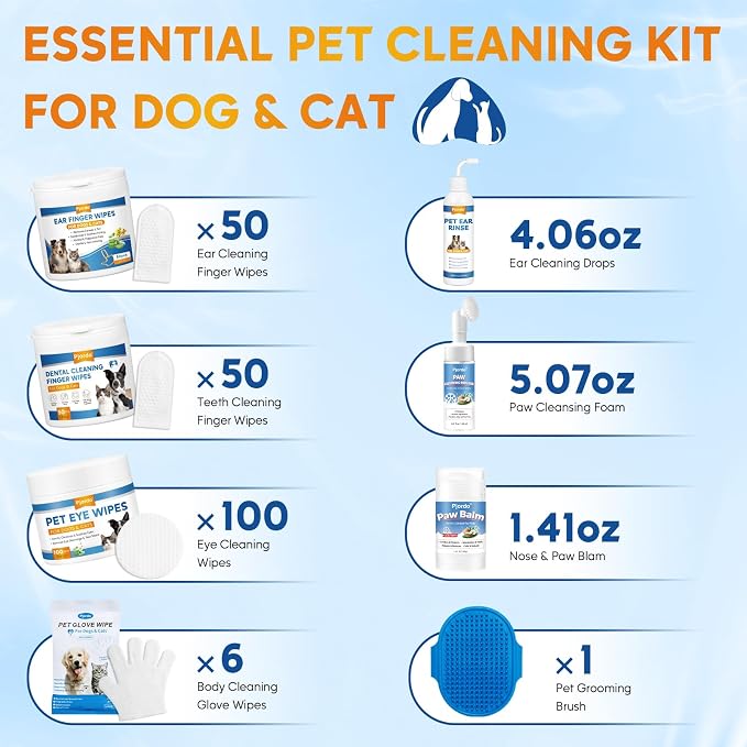 Pjordo Pet Essential Supplies for Dog & Cat, Cleaning Kit for Whole Body, Pet Wipes Cleaning Deodorizing, Grooming Wipes & Paw Cleaner, Finger Wipes for Teeth, Ear & Eyes, Suitable for Daily Care