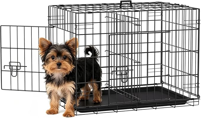 FDW 24-Inch Dog Crate for Small Dogs, Double Door Folding Metal Wire Pet Kennel with Divider Panel & Leak-Proof Plastic Tray, Black