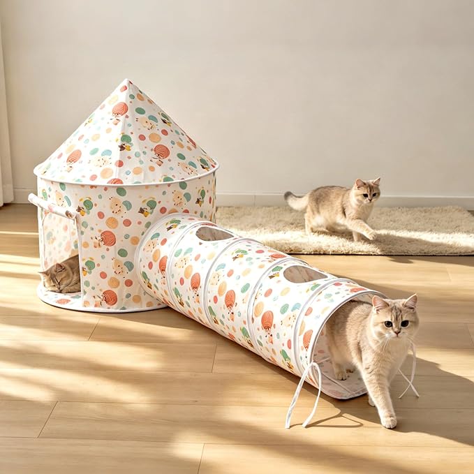 2-in-1 Cat Play Set, Pop-Up Cat Tunnel Rest Hut with Plush Ball Toys | Collapsible Cat Toys Combo with Tent & Ball for Indoor Tunnel, Hiding & Lounging，Suitable forca, dogs, rabbits. Perfect toy.