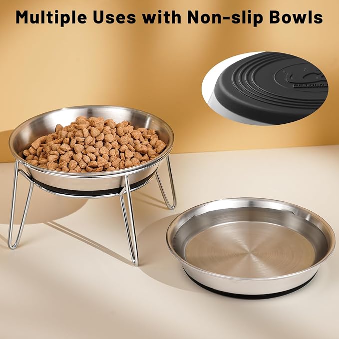 Elevated Cat Bowls, Wide Stainless Steel Cat Food Bowls with Metal Stand Whisker Stress-Free, Raised Food and Water Dish for Cats, Kitten, Puppies and Small Dogs