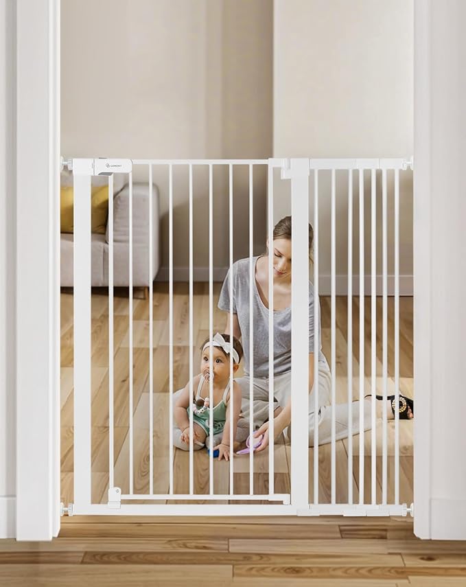 COMOMY 42" Extra Tall Baby Gate for Stairs Doorways, Fits Openings 29.5" to 43.3" Wide, Auto Close Sturdy Safety Dog Gate for House, Pressure Mounted Easy Walk Through Pet Gate with Door, White | Auto Close Sturdy Safety Dog Gate for House, Pressure Mo...