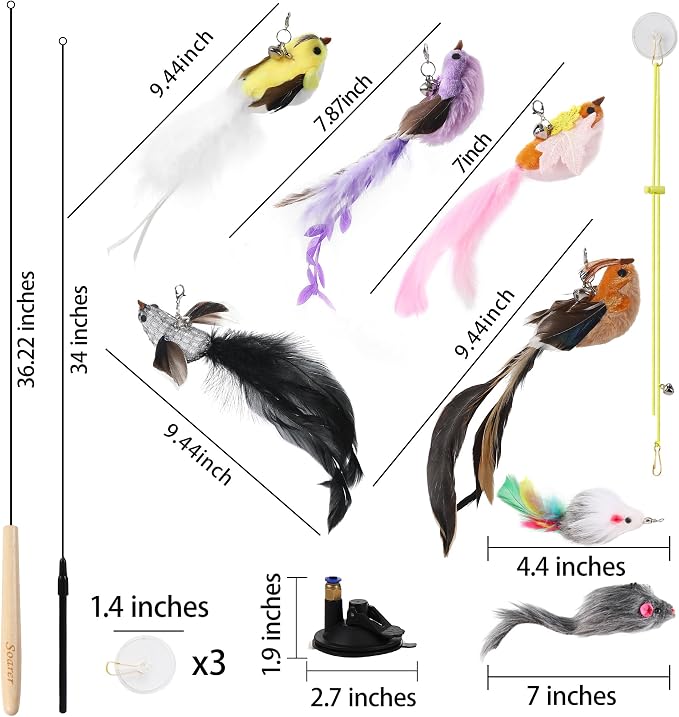 Soarer 3in1 Flying Bird Cat Wand Toys with Suction Cup for Indoor Cat,7Pcs | Enhanced Suction Cup,Interactive Cat Fishing Pole Toy Replacement and Door Hanging Cat String Toy for Indoor Kitten Self Play