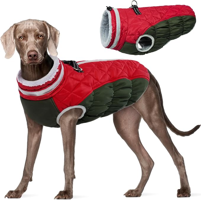 FUAMEY Dog Winter Coat Fleece Warm Large Dog Coat with Harness Built in | Dogs Cold Weather Fleece Coats Zip up Reflective Dog Winter Vest Windproof Water Resistant Snow Coats Christmas XXXL
