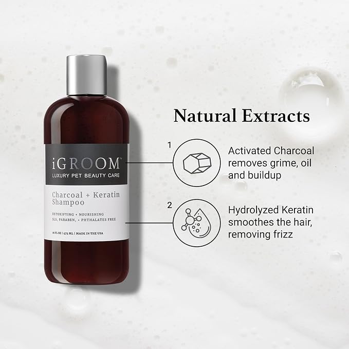 iGroom Charcoal Keratin Dog Shampoo, Luxury Pet Beauty Care, Protect Coat and Skin, Detoxifies with Charcoal, Made in USA, 16 oz