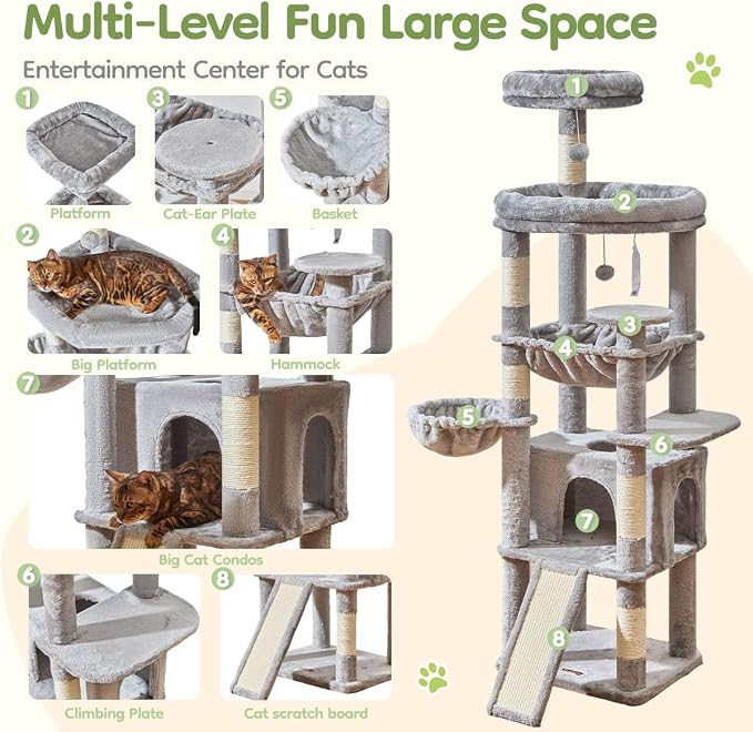 Taoqimiao Cat Tree for Large Cats, 72In Tall Cat Tower, Giant Platform | Widened Cat Condo with Large Scratch Board, 5 Scratching Posts, Metal Frame Hammcock, Cozy Basket, Light Gray, MS045W