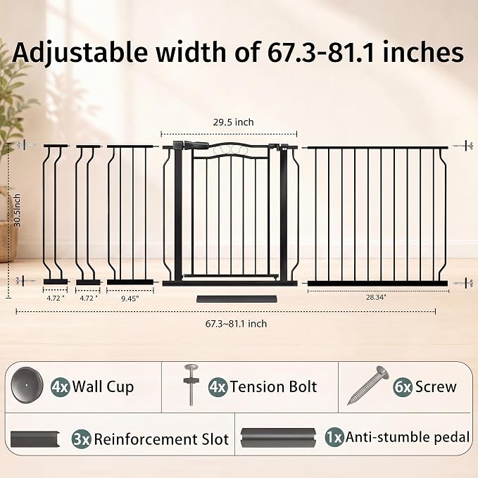 67.3"-81.1" Extra Wide Baby Gate & Dog Gate, Pressure Mounted No Drilling Pet Gate for Doorways & Large Openings, with Walk-Through, Auto-Close & Dual-Direction Swing, Black