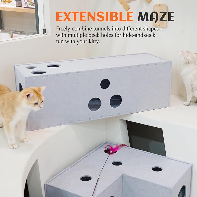 PETKARAY Cat Tunnel, Original Cat Hideaway Cave for Indoor Cats, Large Kitten Play Tubes and Tunnels, Soft Felt Cat Toy with Interactive Peek Hole， Grey Straight