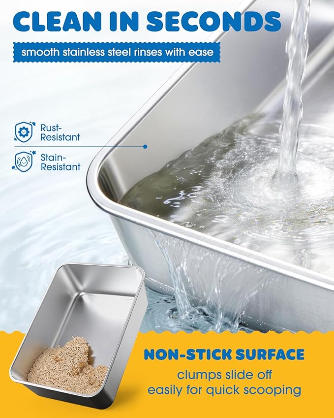 Powools Stainless Steel Cat Litter Box, High-Sided, Grey, M (2 Pack) | Metal Litter Box with Scoop, Anti-Leakage Top Entry, Non-Sticky, Easy to Clean, 6-Inch Splash-Proof Deep Pan