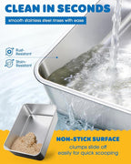 Powools Stainless Steel Cat Litter Box, High-Sided, Grey, M (1 Pack) | Metal Litter Box with Scoop, Anti-Leakage Top Entry, Non-Sticky, Easy to Clean, 6-Inch Splash-Proof Deep Pan