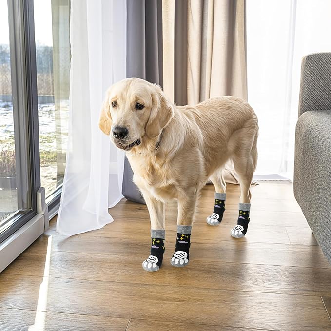 PUPTECK Anti Slip Dog Socks 2 Pairs with Double Grippers for Hardwood Floors, Shoes for Hot/Cold Pavement, Boots & Paws Protectors to Prevent Licking, Traction Booties for Senior Smll Large Dogs, XS