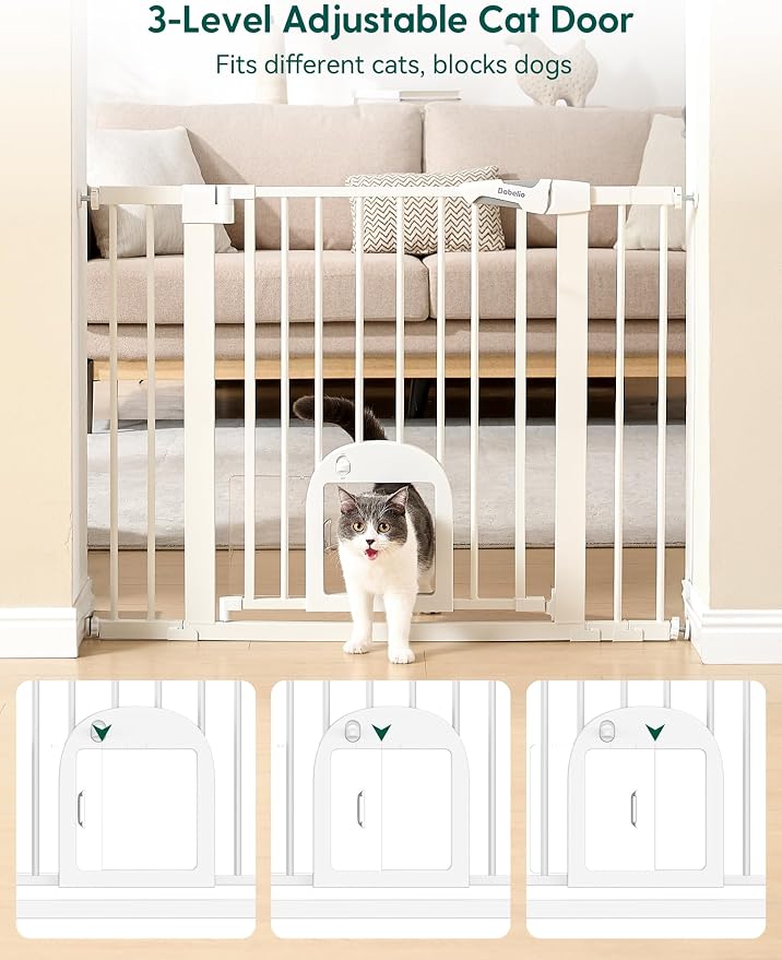 Babelio Extra Wide Baby Gate with Cat Door, CatPrivilege III, 29-55" | 30" Tall Pressure/Hardware Mounted Safety Gate for Large Openings, Auto-Close, White
