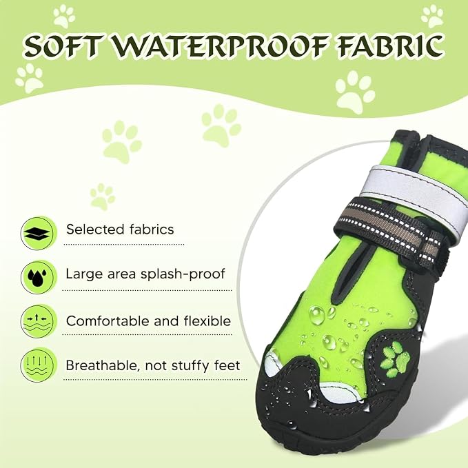 Dog Shoes for Large Dogs, 360°Anti Slip Medium Dog Boots & Paw Protectors Winter Snowy, Waterproof 4Pcs Dog Booties with Reflective Strips (Size 1: 1.57''x2.09''(W*L), Green)