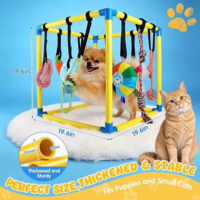 Puppy-Play-Gym for Small Dogs with 10 Dog Toys,19.5" Indoor-Jungle-Play-Gym | Removable Dog Enrichment Playground Interactive Dog Squeaky Toys Puppy Training Center, Adjustable PVC Frame for Puppies Cat