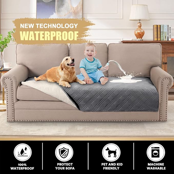 Grey Waterproof Couch Cover for Dogs Washable,Pet Couch Covers for Sofa Thick Dog Bed Cover Non-Slip Couch Covers for 3 Cushion Couch Sofa Pet Friendly, 1 Piece,47" x 78"