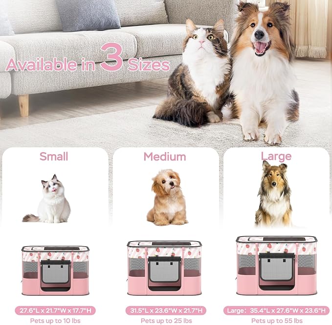 Portable Pet Playpen, Cat Playpen for Indoor Cats Enclosed，Kitten Playpen Indoor with Resistant Breathable Shade Cover,Indoor Outdoor Use for Small Medium Pet (M, Pink)