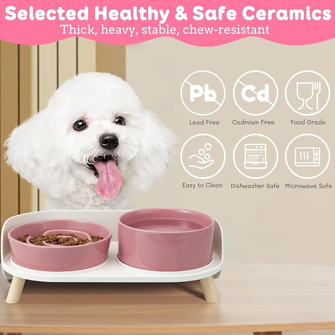 Elevated Slow Feeder Dog Bowls with Splash Proof Stand, Slow Eating 5X | 6.5″ Dog Slow Feeding Bowls & 6.1″ Dog Food Dish, Non-Slip Raised Food and Water Bowl Set for Small and Medium Breeds, Pink