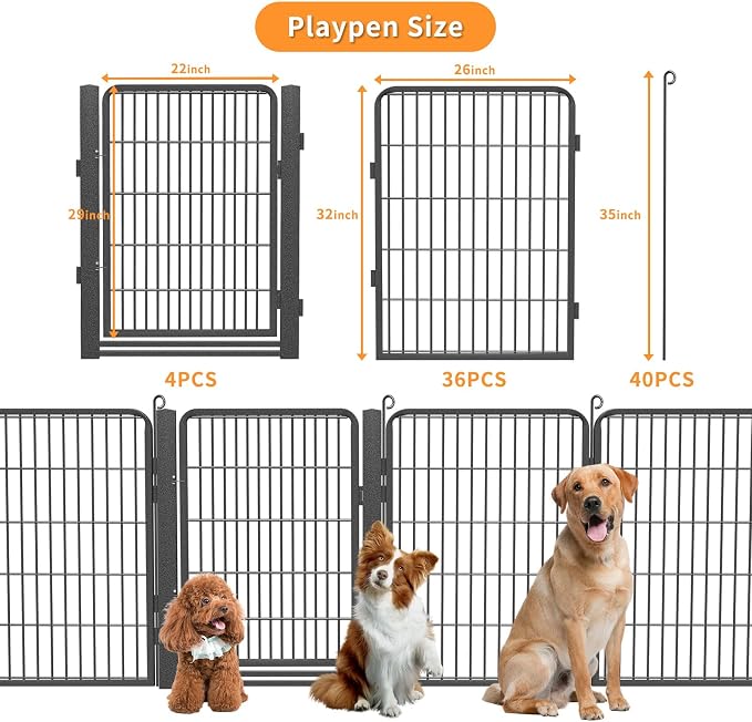 Dog Playpen Outdoor with Low Threshold Gate, 32 inch 40 Panels Dog Play Pen Indoors, Heavy Duty Metal Puppy Playpen Dogs Pen, Rust-Resistant Pet Playpens for Yard RV Camping