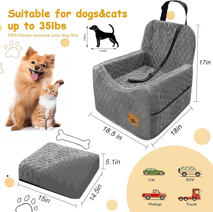 Dog Car Seat for Small/Medium Dogs, Memory Foam Dog Booster Seat, Travel Safety Per Car Seat with Washable Removable Cover, Storage Pockets for Dogs up to 35 lbs(Gray)