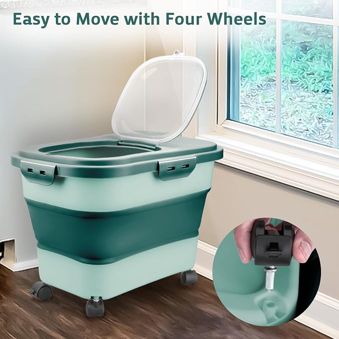 Rice Storage Containers, Collapsible 20 to 30Lbs Food Storage Bin Dispenser with Rolling Wheel and Clear Airtight Lid, BPA Free Flour, Sugar, Cereal and Dog Cat Pet food Containers