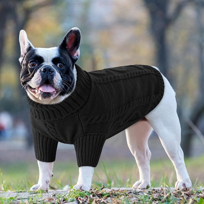 Queenmore Small Dog Pullover Sweater, Cold Weather Cable Knitwear, Classic Turtleneck Thick Warm Clothes for Chihuahua, Bulldog, Dachshund, Pug (Black, X-Large)