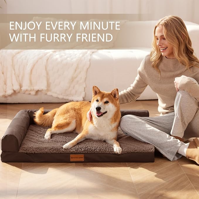 Patas Lague Orthopedic Extra Large Dog Bed Pet Sofa Beds 56''X40''Brown | L Bolster Egg-Crate Foam Dog Couch For Large Sized Dogs, Waterproof Removable Washable Cover, Pet Mat with Nonskid Bottom