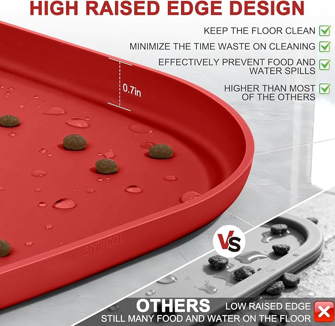 SMILOOL Small Silicone Pet Food Mat with Raised Edge for Food and Water Bowl, Square Dog Feeding Mats, Cat Food Trays for Floor Waterproof, Rubber Tray for Dogs and Cats, 12 x 12 x 0.7 Red