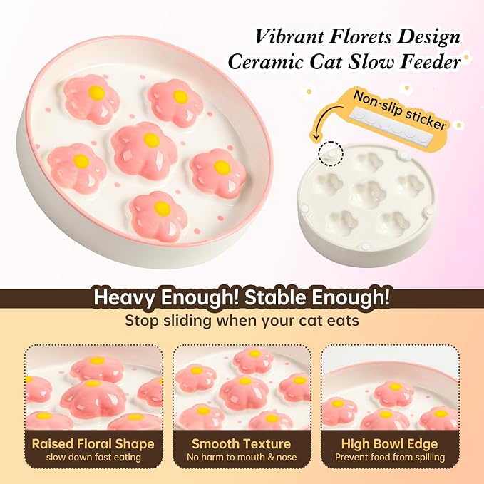 Ceramic Slow Feeder Cat Bowl, 6.3" Whisker Friendly Anti-Vomit, Blush | Shallow Cat Puzzle Feeder, Slow Eating 3x, Dry & Wet Food, Cute Flower-Shaped Maze, Microwave & Dishwasher Safe, 6.3" X 1.2"