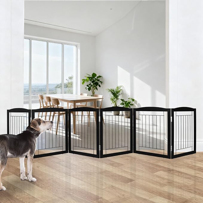 ZJSF Freestanding Foldable Dog Gate for House Extra Wide Wooden Black Indoor Puppy Gate Stairs Dog Gates Doorways Tall Pet Gate 6 Panels Fence