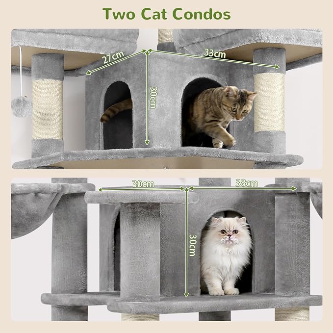 Globlazer Big Cat Tower for Indoor Cats, 68 inch Cat Tower for Multiple Adult Cats XL Cat Tree with Scratching Post, 3 Perches, 2 Condos, 2 Basket, Removable Pet Bed, F68B, Light Grey
