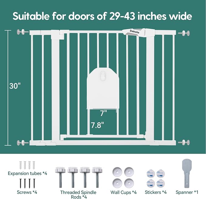 Babelio Auto Close Baby Gate with Cat Door, CatPrivilege I, 29-43" | Safety Gate for Doorway & Stairs, Easy Walk Thru with Pet Door, Includes 4 Wall Cups and 3 Extension Pieces, White