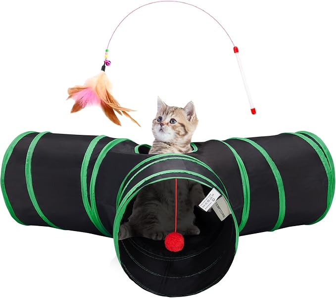 Tempcore Cat Tunnel for Indoor Cats, 3 Way Collapsible Pet Play Tunnel with Teaser Wand, Peek Holes & Hanging Ball, Interactive Tube for Kittens & Rabbits, Black & Green