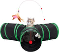Tempcore Cat Tunnel for Indoor Cats, 3 Way Collapsible Pet Play Tunnel with Teaser Wand, Peek Holes & Hanging Ball, Interactive Tube for Kittens & Rabbits, Black & Green