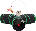 Tempcore Cat Tunnel for Indoor Cats, 3 Way Collapsible Pet Play Tunnel with Teaser Wand, Peek Holes & Hanging Ball, Interactive Tube for Kittens & Rabbits, Black & Green