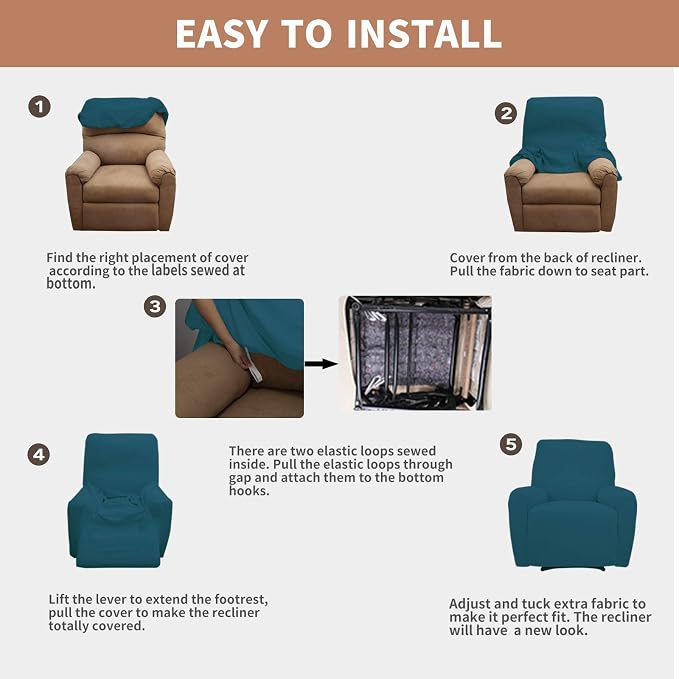 Easy-Going 100% Waterproof Recliner Chair Cover，1-Piece Recliner Slipcover | Dual Waterproof Couch Cover for Recliner，Leakproof Furniture Protector for Kids Pets Dog Cat Daily Stain, Peacock Blue