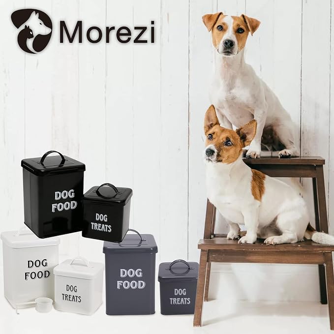 Morezi Dog Food Storage Container Farmhouse Pet Food Treats Holder with Lid and Scoop, Perfect Sturdy Canister Tins for Kitchen Countertop, Shelf, Great Gift for Pet Owners, 5 lbs Capacity - Black
