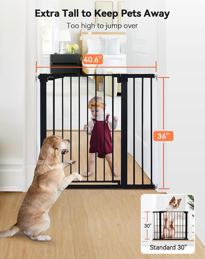 COMOMY 36" Extra Tall Baby Gate for Stairs Doorways, Fits Openings 29.5" to 40.6" Wide, Auto Close Sturdy Safety Dog Gate for House, Pressure Mounted Easy Walk Through Pet Gate with Door, Black
