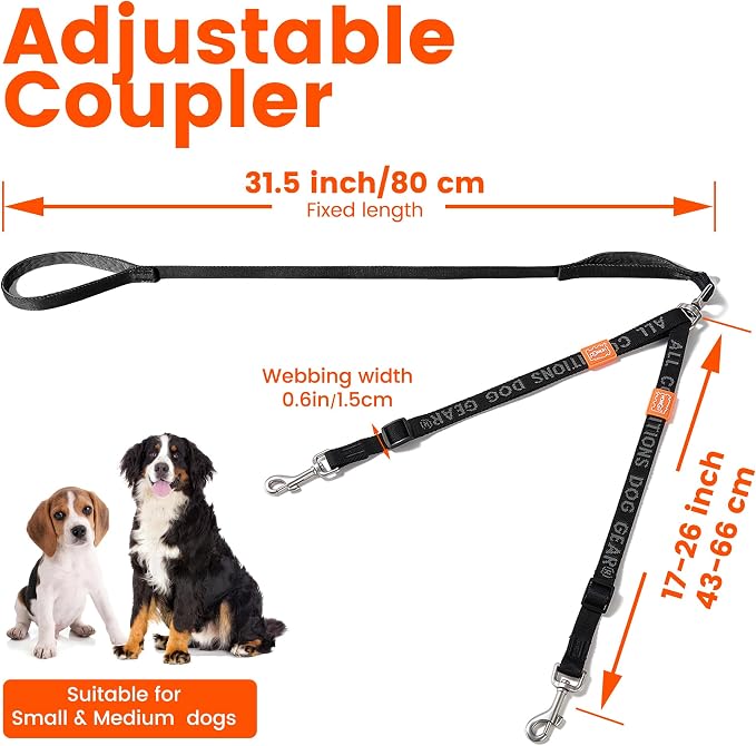 HOWGO Double Dog Leash,Tangle-Free 360 Swivel(Black, Std M-L w.Handle) | Individually Adjustable Length, Double Padded Handles,Zinc Alloy Hooks,Durable Nylon,No-Tangle Walking,All Breeds