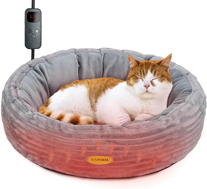 Heated Cat Bed for Indoor Cats, 20’’ Electric Cat Heated Bed Pet Warming Bed for Cats and Small Dogs, Washable Calming Round Donut Pet Bed with Heating Pad, Indoor Use