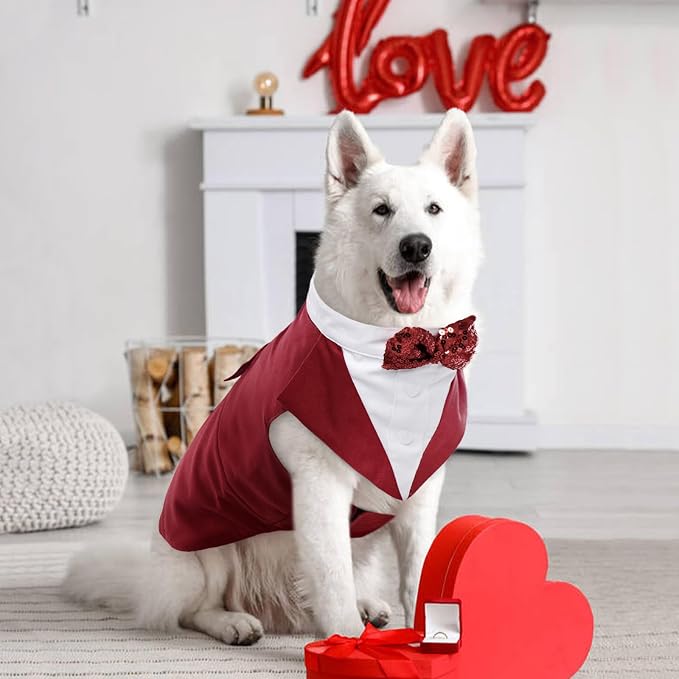 Kuoser Dog Tuxedo, Dog Suit and Bandana Set, Dogs Costume with D-Ring | Formal Dog Outfit with Detachable Bowtie Collar for Valentine's Day, Wedding, Birthday, Party, Christmas, Wine Red L