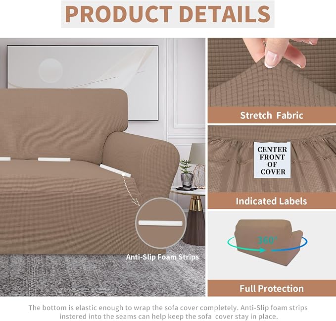 Easy-Going 100% Waterproof Oversized Loveseat Cover, Couch Cover for Sofa | Dual Waterproof Sofa Cover, Stretch Jacquard Sofa Slipcover, Leakproof Furniture Protector for Kids Pets Dog, Camel