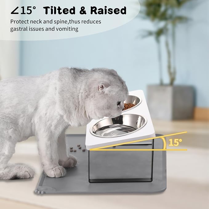 Summark Upgraded Elevated Cat Bowls with Food Mat,15°Tilted Stand Anti Vomiting Raised Cat Dishes for Food and Water,2 Stainless Steel Bowls for Cats and Puppy（White）