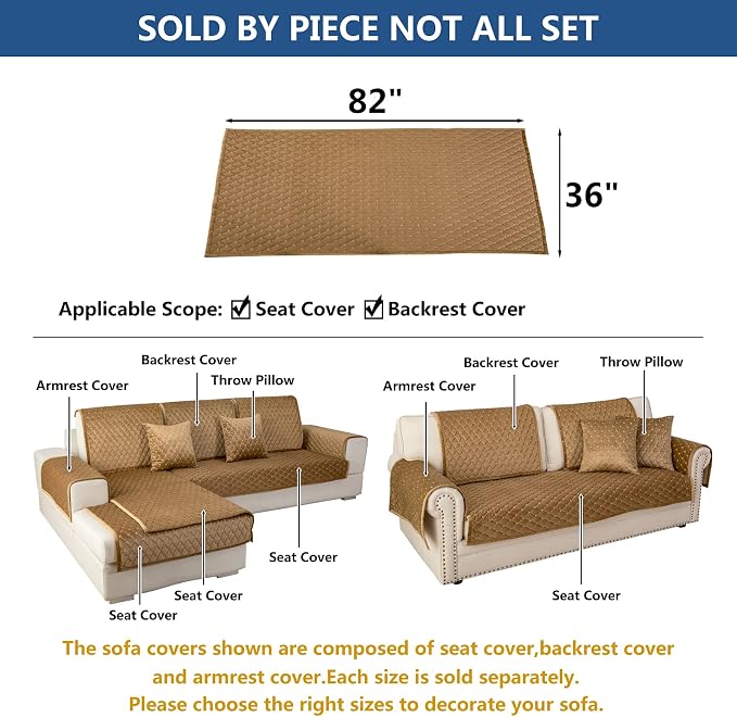 Eismodra Couch Cover,Sectional Couch Covers,Sofa Covers for 3 Cushion Couch,Anti-Slip Sofa Slipcovers for Dogs Cats Kids Loveseat Recliner L Shaped Armrest Backrest,Coffee 36''x82''(Only 1 Piece)