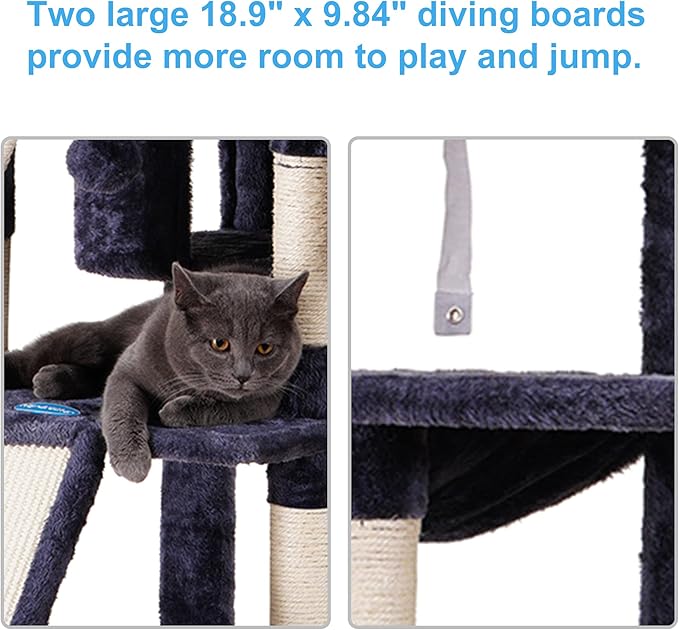 Hey-brother Cat Tree Tower with Stable Multi-Level Padded Perches, MPJ034G | 71 Inches Large Cat House with 3 Platforms, Basket, 2 Cozy Condos, Scratching Posts, Toys Ball for Indoor Cats, Smoky Gray