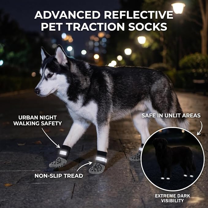 Anti Slip Dog Socks to Prevent Licking Paws Reflective Safety Dog Shoes for Hot Pavement Winter Dogs Boots & Paw Protectors with Grippers for Hardwood Floors Small Medium Large Dogs (Star, XL)