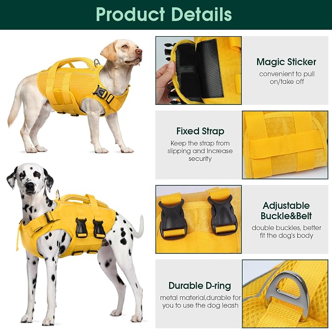 Kuoser Dog Life Jacket, High Flotation Reflective Dog Life Vest, Yellow, S | Adjustable Dog Lifejackets for Small Medium Large Dogs, Lifevest with Rescue Handle for Swimming, Boating, Lake, Beach & Pool