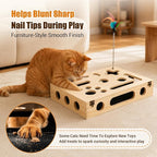 Cat Scratch Puzzle Enrichment Box, Wooden Interactive Toy for Indoor Cat | Cat Nail File Scratcher Box Include 2 Feather Wands & 3 Bell Balls, Claw Saver Box with Sandpaper Nail Trim for Cats & Kitten