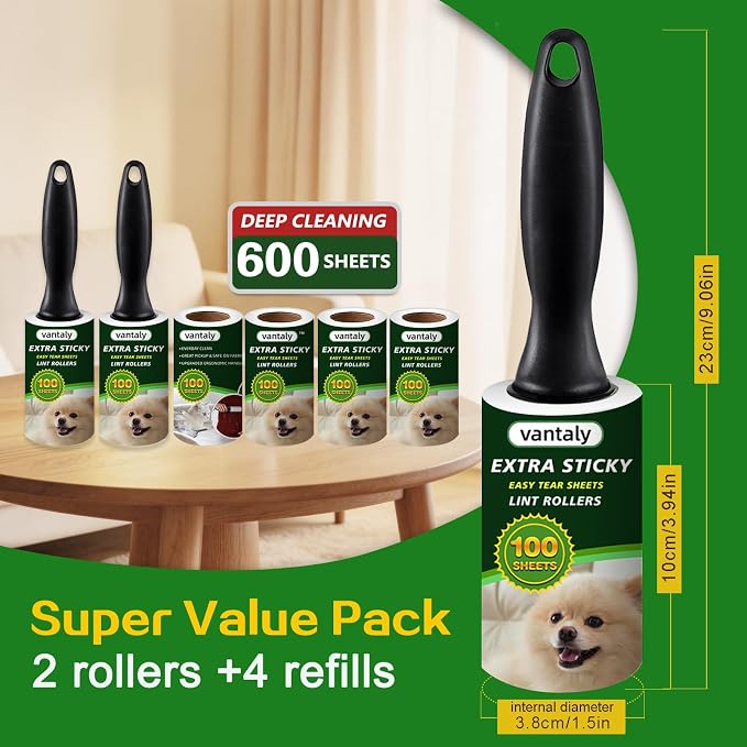 Lint Rollers for Pet Hair, 600 Sheets 2 Handles with 6 Rollers | Extra Sticky, Lint Remover for Clothes, Clean Hair on Sheets Couch Furniture and Carpet, Dog and cat Lint Roller,travel size