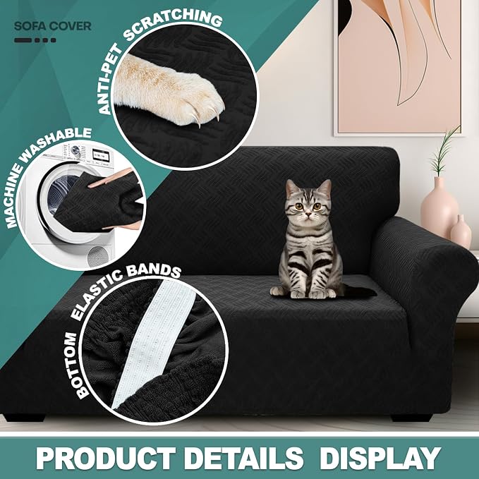 YEMYHOM Couch Cover Latest Jacquard Design High Stretch Sofa Chair Covers for Living Room, Pet Dog Cat Proof Armchair Slipcover Non Slip Magic Elastic Furniture Protector (Small, Leaf Patten Black)